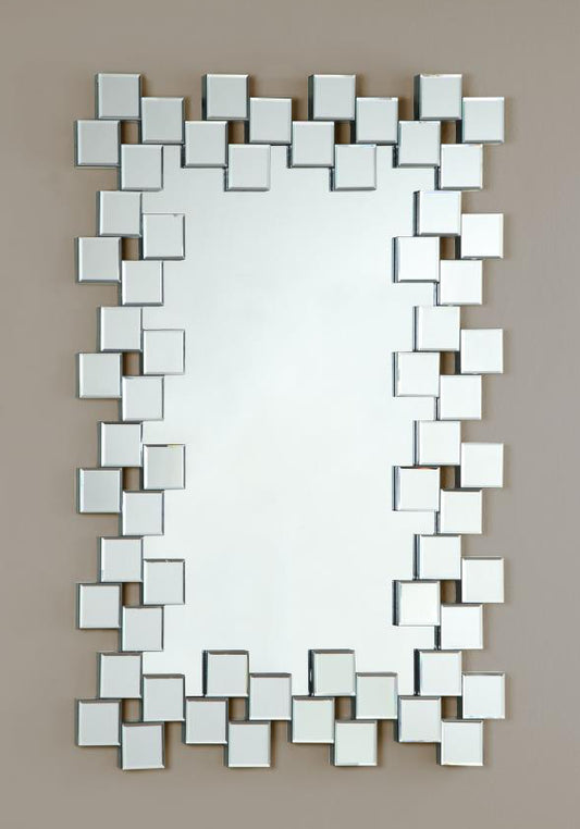 Frameless Wall Mirror With Staggered Tiles Silver