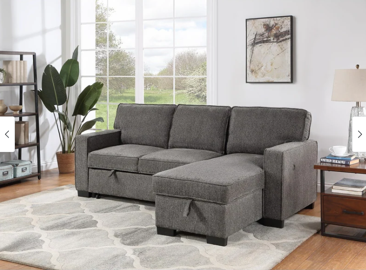 Estelle Fabric Sofa Reversible Storage Chaise Pull-Out Sleeper with Drop-Down Table 2 Cup Holders and 2 USB Ports - Beige