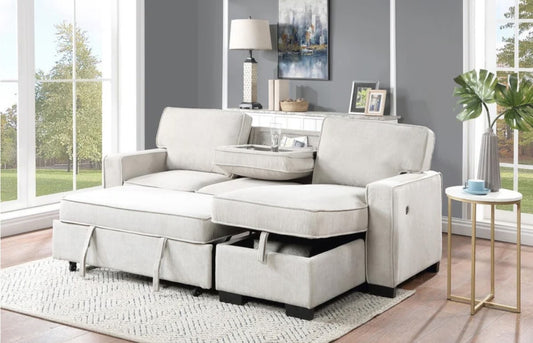Estelle Fabric Sofa Reversible Storage Chaise Pull-Out Sleeper with Drop-Down Table 2 Cup Holders and 2 USB Ports - Beige