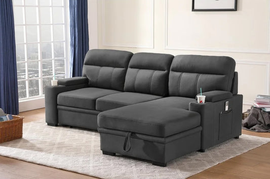 Kaden Fabric Sleeper Sectional Sofa with Storage Chaise and Arms