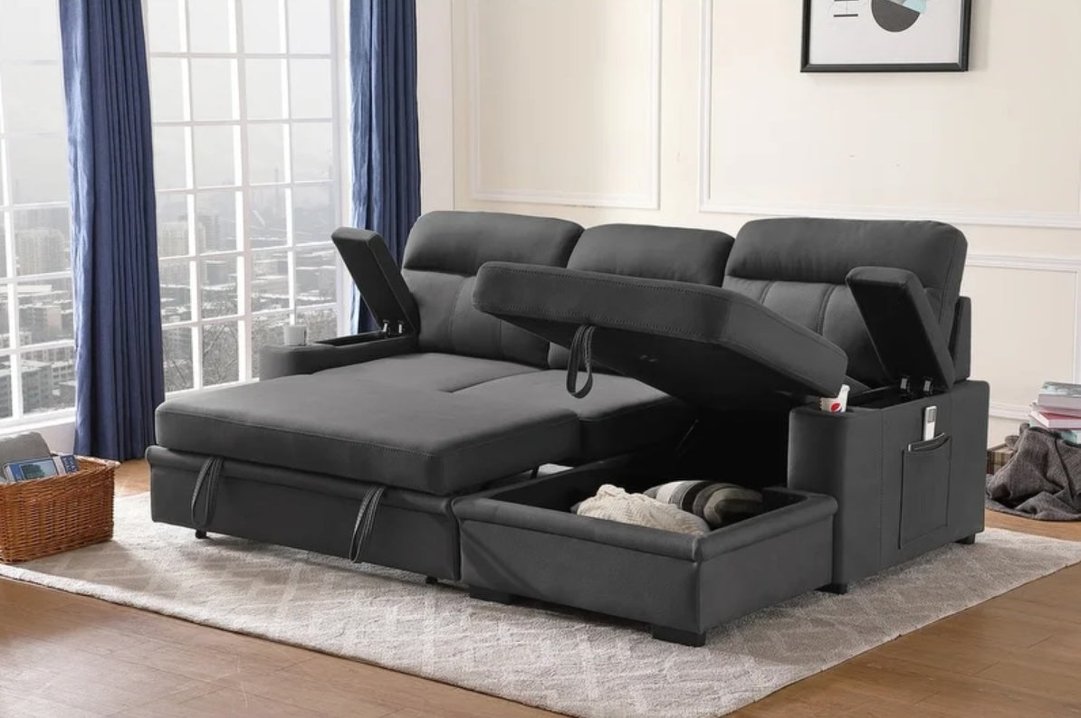 Kaden Fabric Sleeper Sectional Sofa with Storage Chaise and Arms