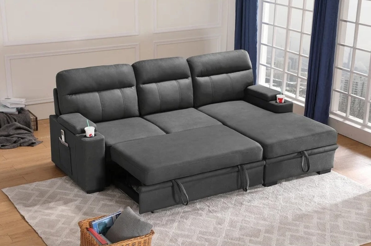 Kaden Fabric Sleeper Sectional Sofa with Storage Chaise and Arms