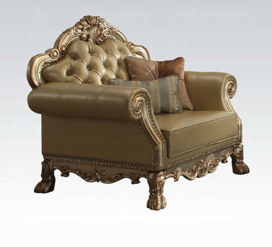 Dresden Chair W/ 2 Pillows - Bone Synthetic Leather & Gold Patina