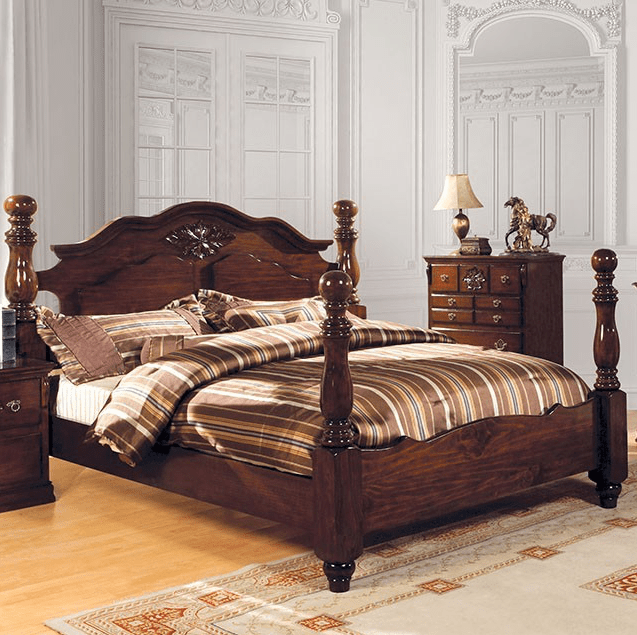 Tuscan Traditional King Poster Bedroom Set in Glossy Dark Pine