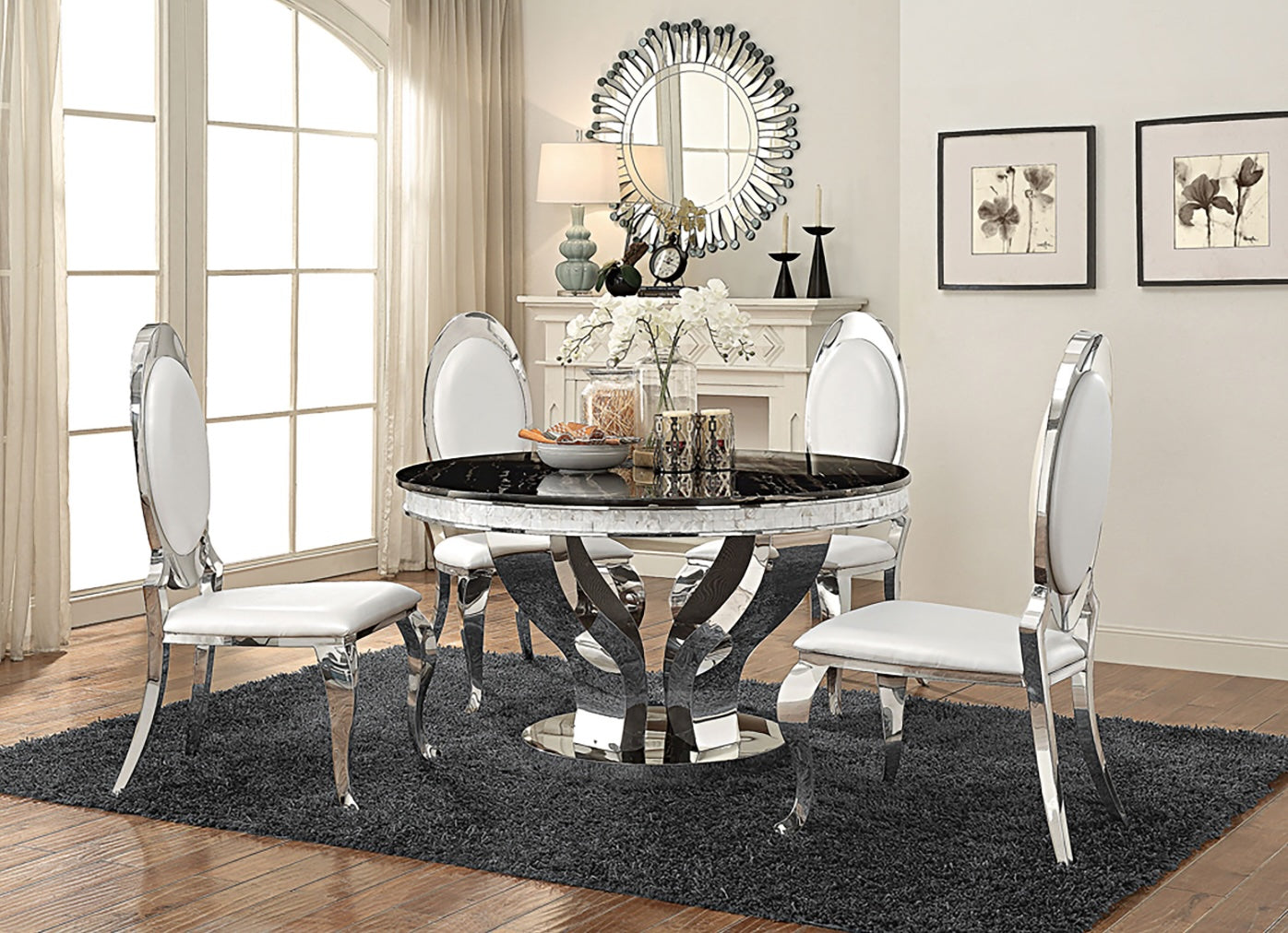 Layla II 5 Piece Glam Style Black Marble Dining Set