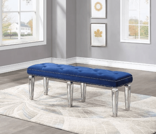 Varian Velvet Upholstered Bench with Mirrored Legs - Blue & Mirror