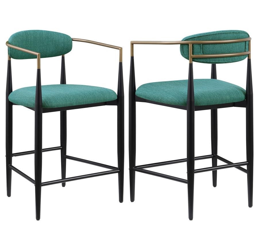 Tina Metal Counter Height Bar Stool with Upholstered Back and Seat Green Set of 2
