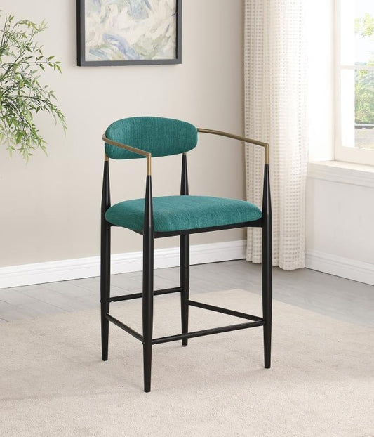 Tina Metal Counter Height Bar Stool with Upholstered Back and Seat Green Set of 2