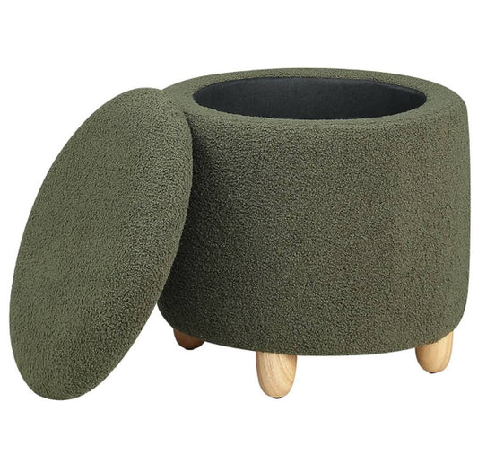 Faux Sheepskin Upholstered Round Storage Ottoman Green
