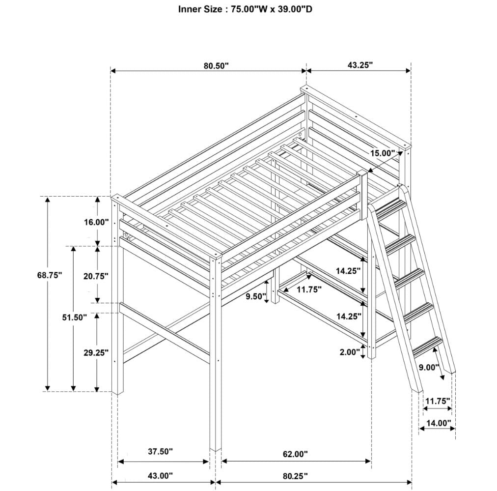 Anica 3-Shelf Wood Twin Loft Bed Black