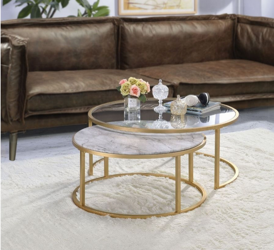ACME Shanish Nesting Table Set 2Pc Pk in Faux Marble & Gold 81110