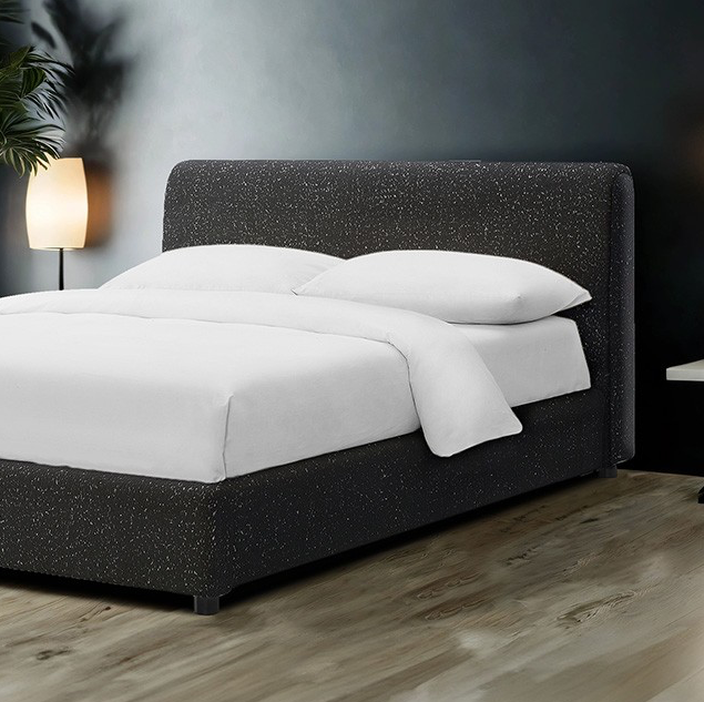 Vertham Contemporary Black Boucle Platform Bed with Round Wood Legs