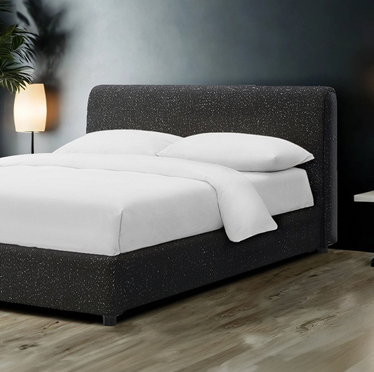 Vertham Contemporary Black Boucle Platform Bed with Round Wood Legs