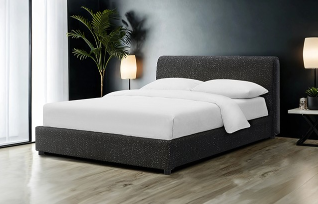 Vertham Contemporary Black Boucle Platform Bed with Round Wood Legs
