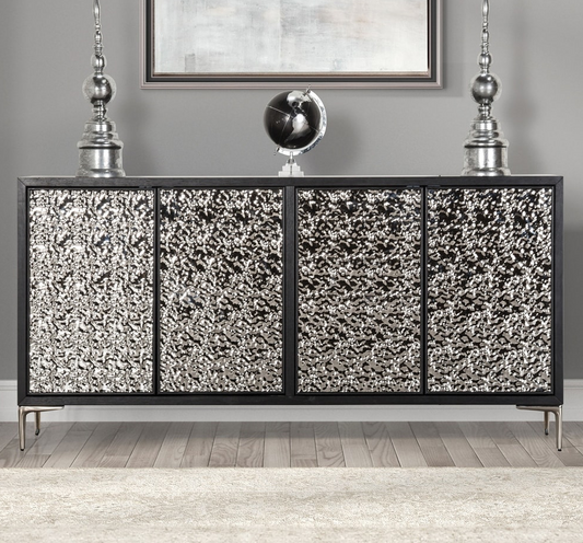 Beckham Modern 4-Door Cabinet in Weathered Black & Silver