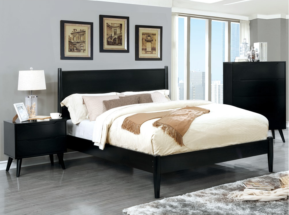 Lennart II Black Finish Mid-Century Modern Queen Platform Bed