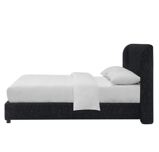 Laverni Modern Black Boucle Upholstered Winged Platform Bed