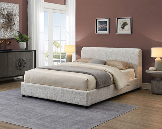 Vertham Contemporary White Boucle Full Platform Bed with Round Wood Legs