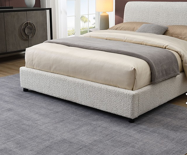 Vertham Contemporary White Boucle Full Platform Bed with Round Wood Legs