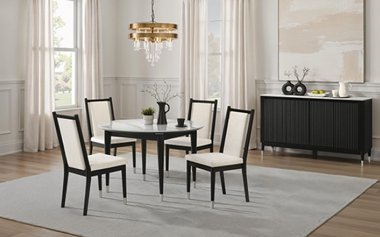 Maidstone 5-Piece Round Dining Set – Black & White with Chenille Chairs
