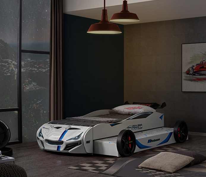 Tracklite White Race Car Twin Bed – High Gloss Kids Novelty Bed - White