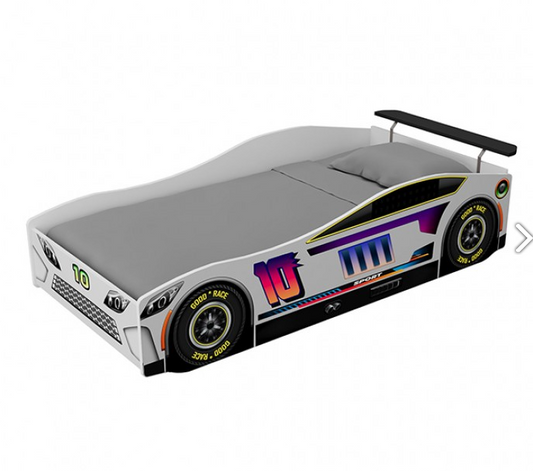 Karsten White Race Car Twin Bed – Sleek High-Gloss Kids Novelty Bed - White