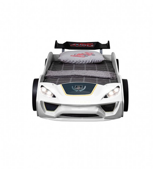 Pacefinder White LED Race Car Twin Bed – Low Profile Kids Novelty Bed