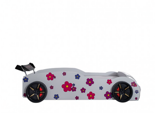 Journey White Floral Kids Race Car Twin Bed with LED Lights