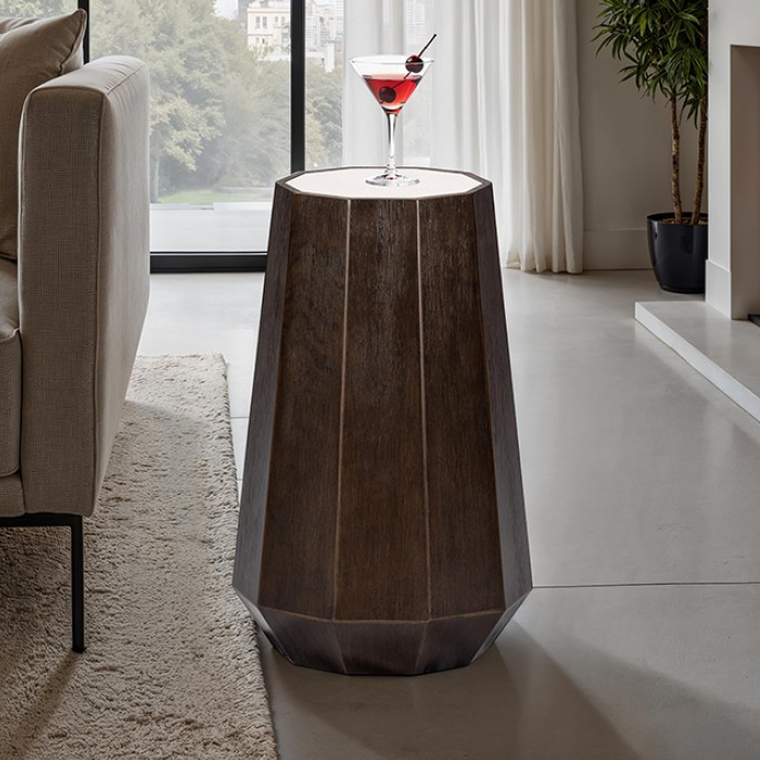 Vellara Transitional Martini Table with Quartz Stone Top & USB Charging – Dark Walnut - Finally Home Furnishings LLC