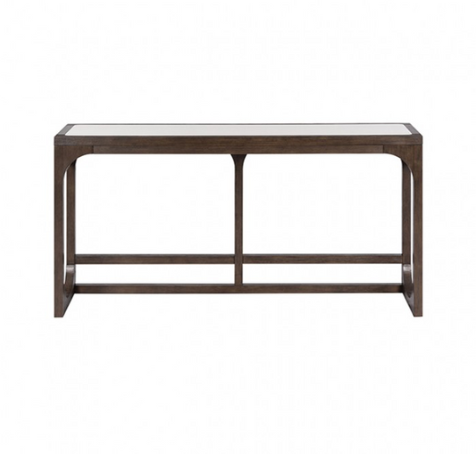 Vellara Transitional Sofa Table with Quartz Stone Top & USB Charging – Dark Walnut - Finally Home Furnishings LLC