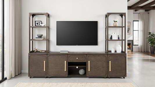 Vellara Transitional Entertainment Center with Stone Top & Gold Hardware – Dark Walnut - Finally Home Furnishings LLC