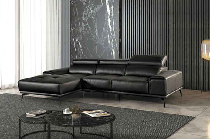 Vadso Modern Leather Sectional with Track Arms & Adjustable Head Rest - Black