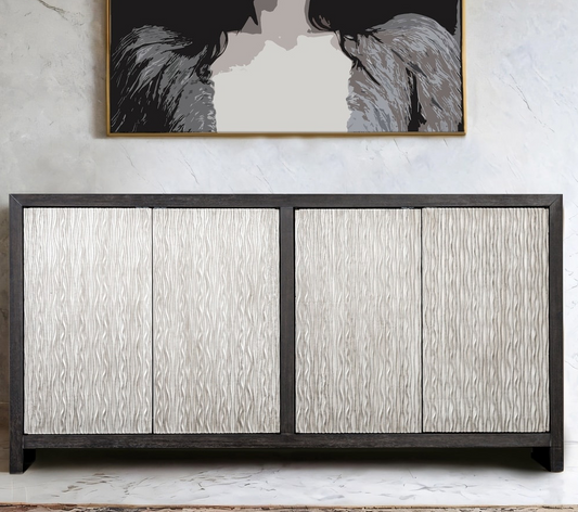 Forger Modern 4-Door Accent Cabinet in Weathered Black & Silver