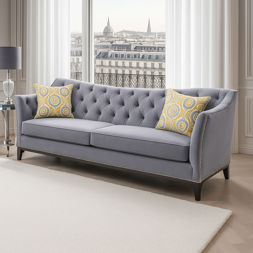 Wilmette Transitional Sofa & Loveseat Set in Gray Velvet with Button Tufting and Nailhead Trim