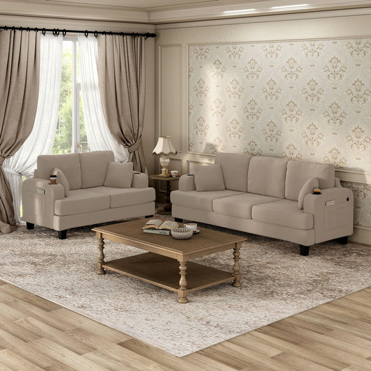 Moretaine Sofa & Loveseat Set with Cup Holders & USB Ports – Beige, Black, or Dark Gray