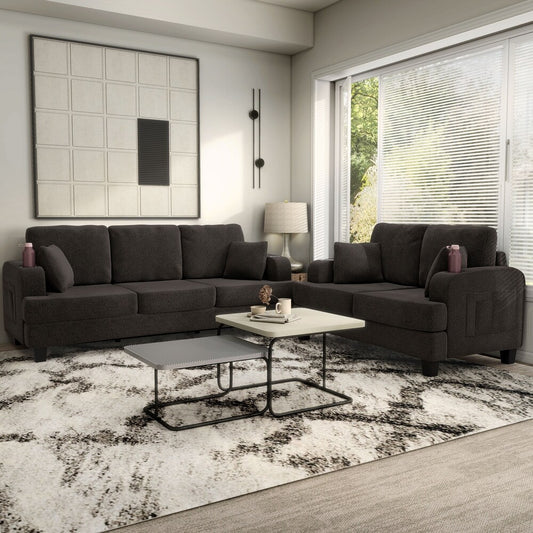 Moretaine Sofa & Loveseat Set with Cup Holders & USB Ports – Black