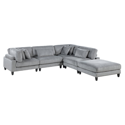 5pc Modular Sectional Set Gray Corduroy Upholstery 2x Armless Chairs 2x Corner Seats 1x Ottoman Pillows Living Room Furniture - detail view 2