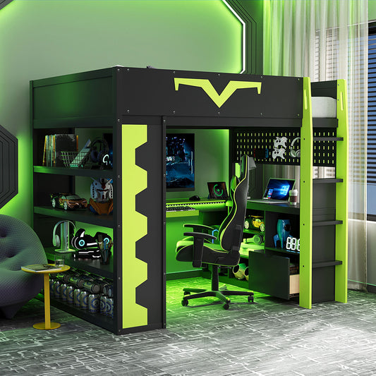 Full Size Gaming Loft Bed with Integrated Desk & RGB LED Lights - Green - detail view 2