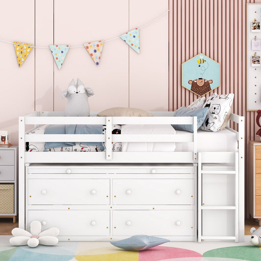 Full Size Loft Bed with Retractable Writing Desk and 4 Drawers - White - detail view 2