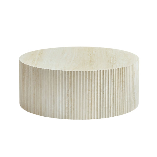 Faux Travertine Round Coffee Table with Eye-Catching Relief Design - Beige - primary color shot