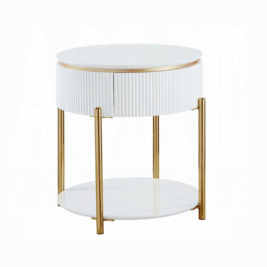 White High Gloss and Gold End Table with Metal Leg