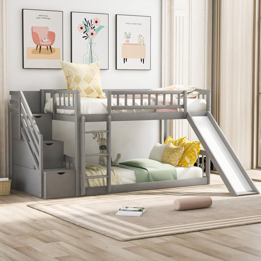 Stairway Twin over Twin Bunk Bed with Two Drawers and Slide - Gray - detail view 2