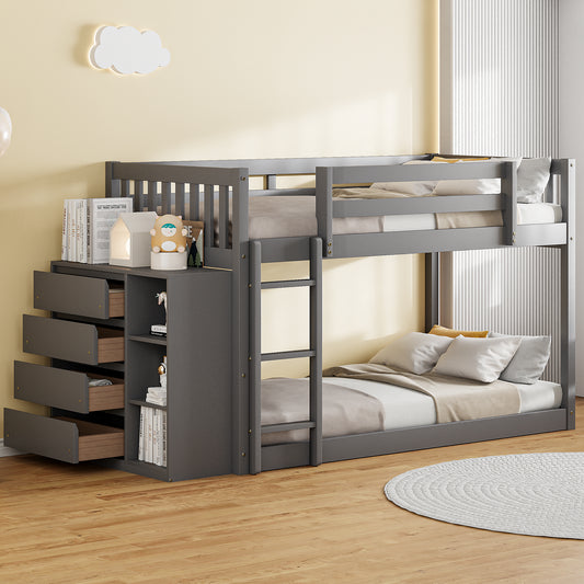Modern Twin over Twin Bunk Bed with 4 Drawers and 3 Shelves in Gray Solid Wood - detail view 2