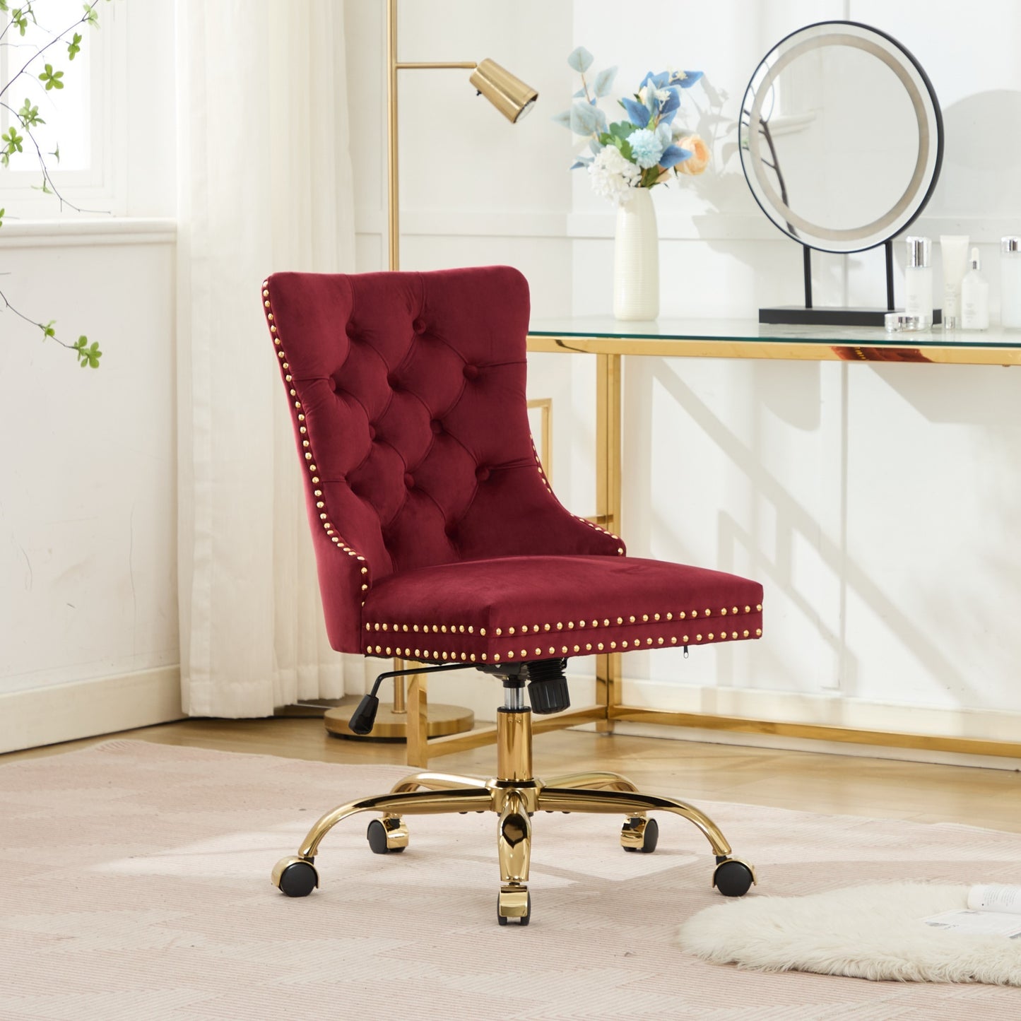 WINE RED Velvet Tufted Nailhead Trim Office Chair with Gold Legs