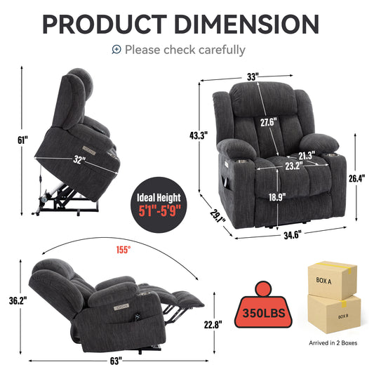 Up to 350 LBS Chenille Power Lift Recliner Chair - Grey - detail view 2
