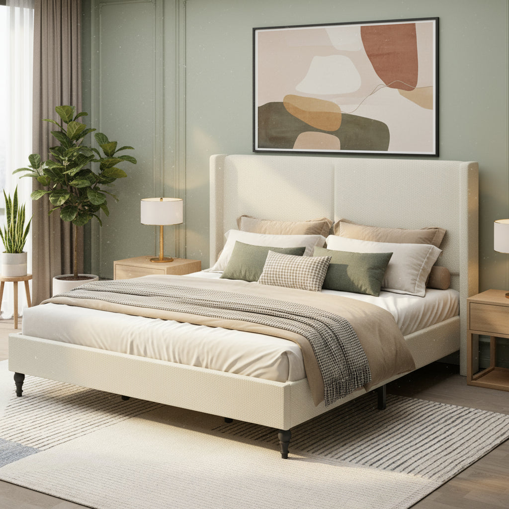 Beige upholstered bed in a bedroom setting with a lamp and artwork on the wall.