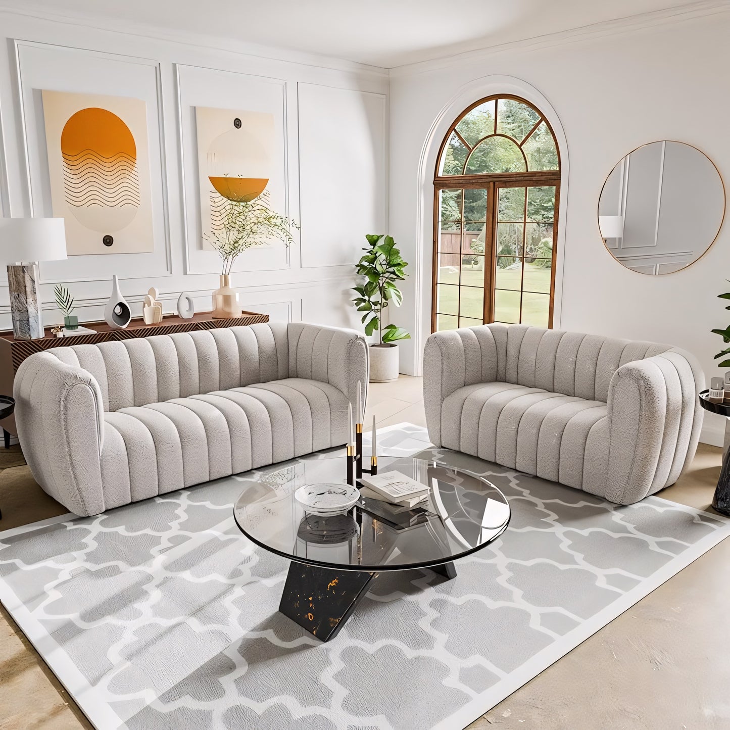 Aversa Contemporary Channel Tufted Sofa - Off-White Boucle