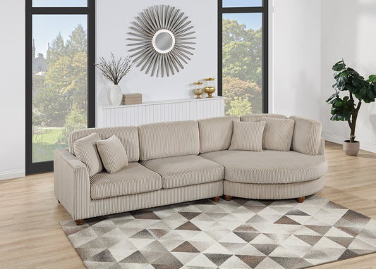 Contemporary 2pc Sectional Set XL Plush Corduroy Fabric Camel Color LAF Sofa RAF Round Chaise w Pillows Living Room Couch - detail view 2