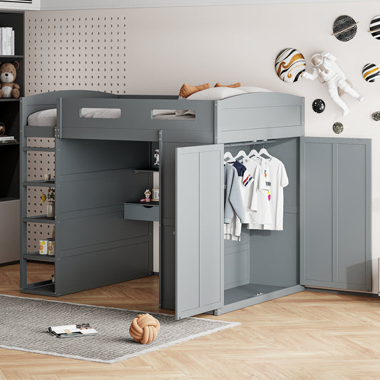 Marcus Full Size Loft Bed with Desk, Wardrobe, 4 Drawers and 4 Shelves-Gray