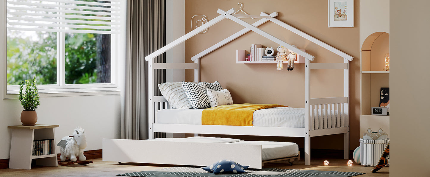 Palomar Twin Size Wooden House Bed with Twin Size Trundle, White